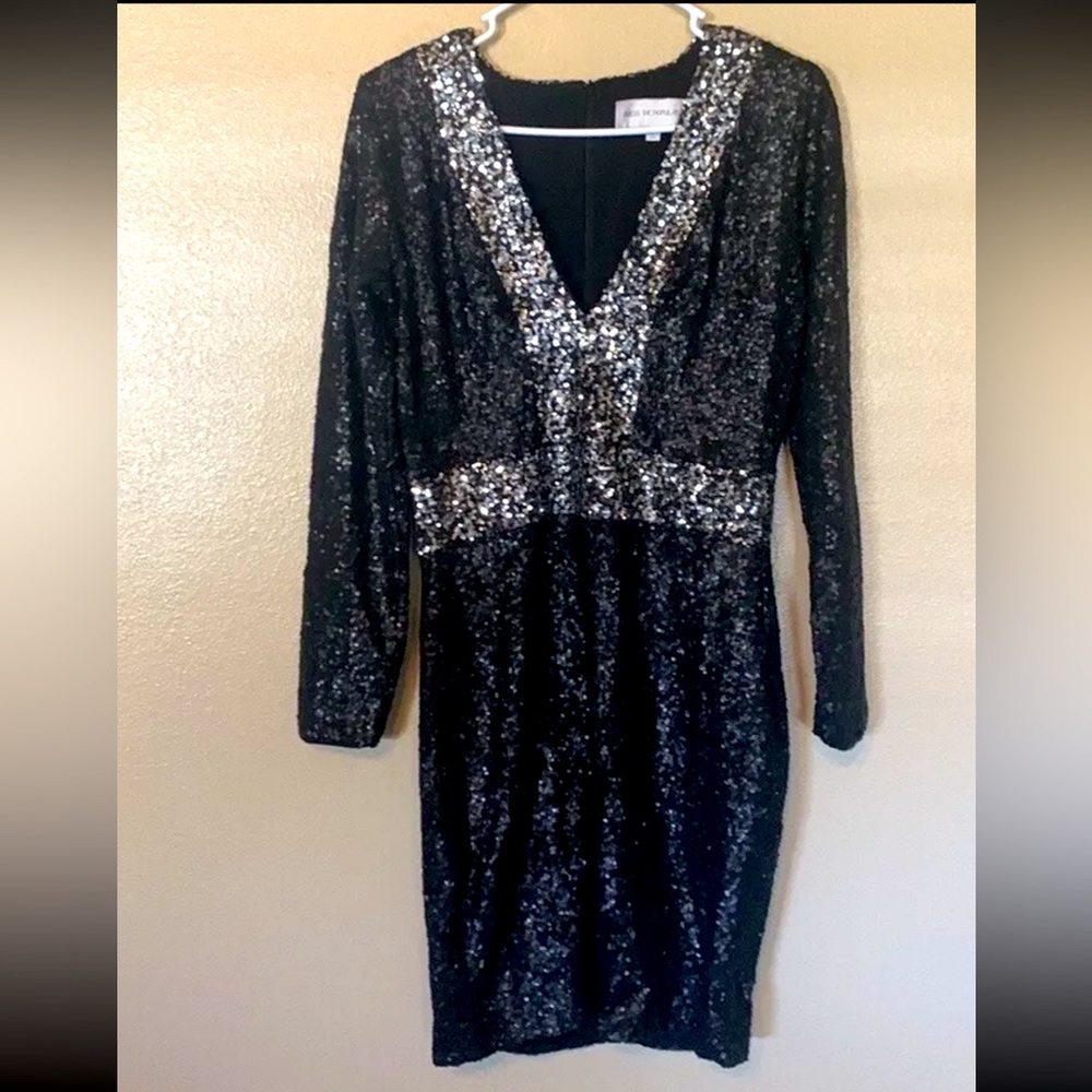 Dress the Population black and silver long sleeve sequin dress size L
